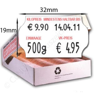 Einwaage Auszeichner für Kilopreis, MHD, VK Preis auf 32x19mm Etiketten für Bäcker, Metzger und Fleischer