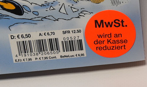 Etiketten mit Aufdruck "MwSt. wird an der Kasse reduziert"