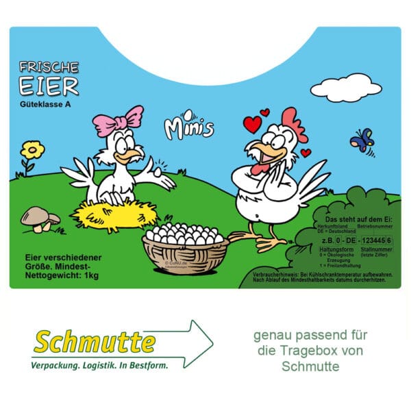 500 Etiketten für den Eier-Tragekarton von Schmutte - Cartoonmotiv "Minis"