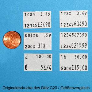 Abdrucke des Etikettenauszeichner Blitz C20-1055 für Grundpreise und Chargennummern